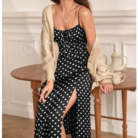 French Style Polka Dot Black Midi Dress Leg Slit - Picture 14 of 16